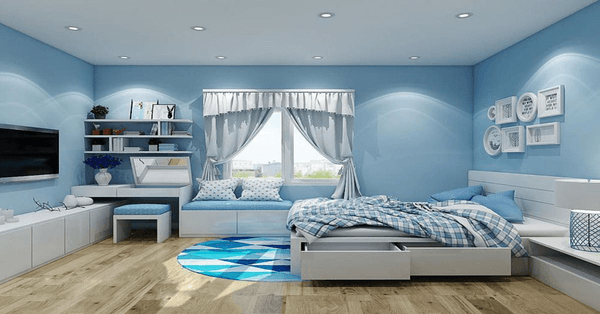 Phòng ngủ với tông màu xanh dương mát mắt dành cho người mệnh Mộc
